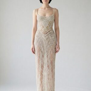 Wen North Champagne Beaded Column Gown